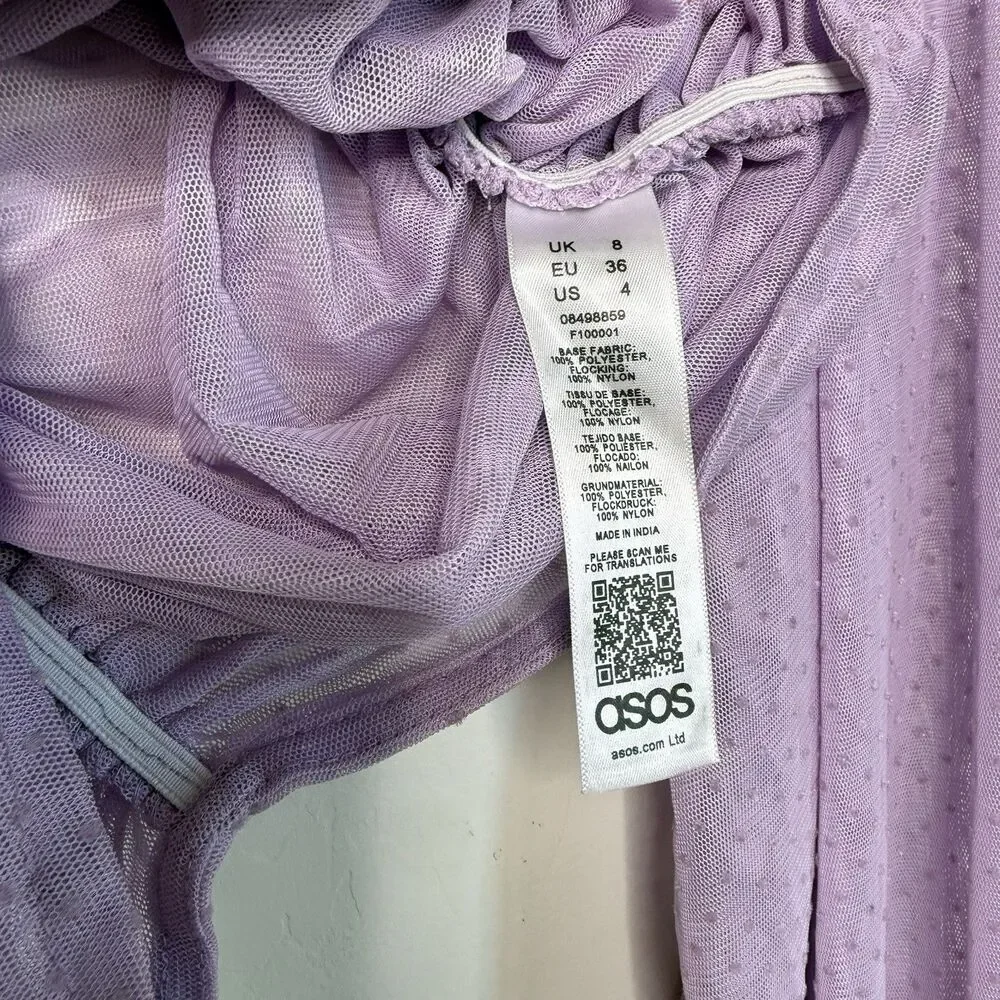 ASOS Size 4 Purple Ruched Sheer Swiss Dot Long Sleeve Crop Top